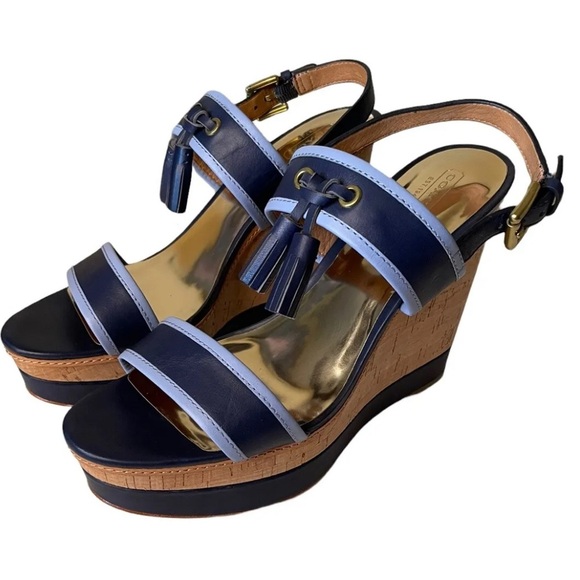 COACH Guileietta leather Nautical Wedge Platform Slingback Cork Wedge Sandals 10 - Picture 1 of 15